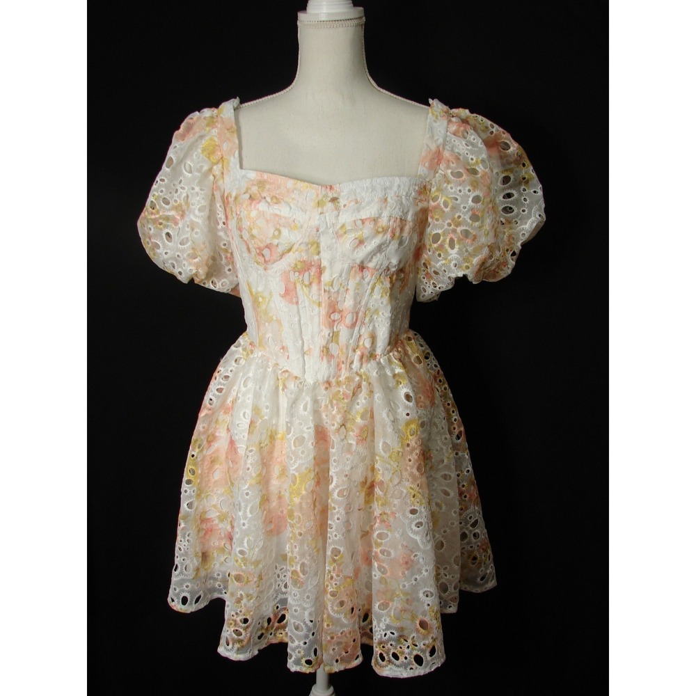 New Altar'd State Floral Eyelet Lace Milkmaid Dress Peasant Fairy Puff Sleeve M